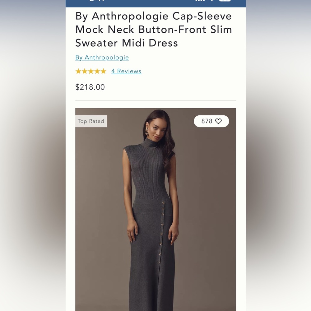 NWOT Anthropologie Mock Neck Cap Sleeve MIDI Dress